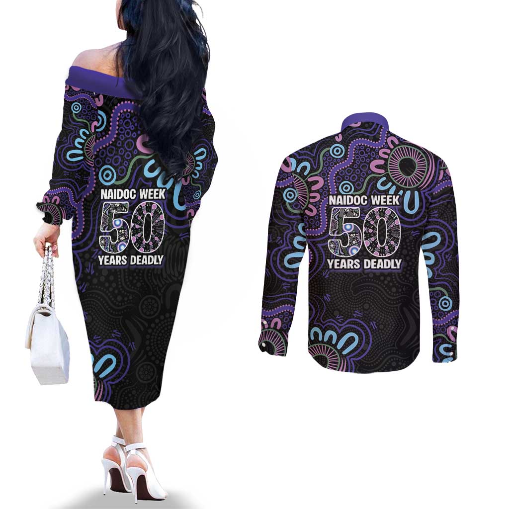 First Nations Darts NAIDOC 2026 Couples Matching Off The Shoulder Long Sleeve Dress and Long Sleeve Button Shirt Aboriginal Dot Art