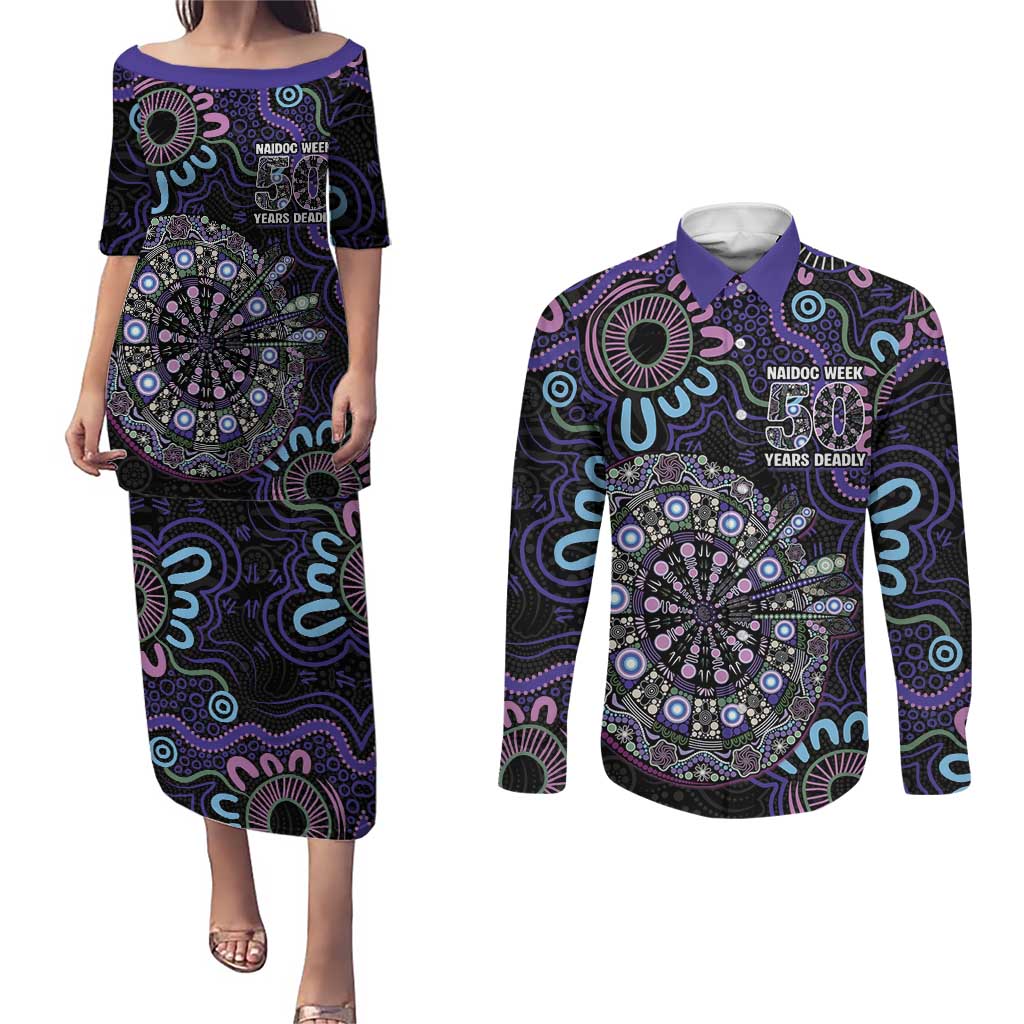 First Nations Darts NAIDOC 2026 Couples Matching Puletasi and Long Sleeve Button Shirt Aboriginal Dot Art