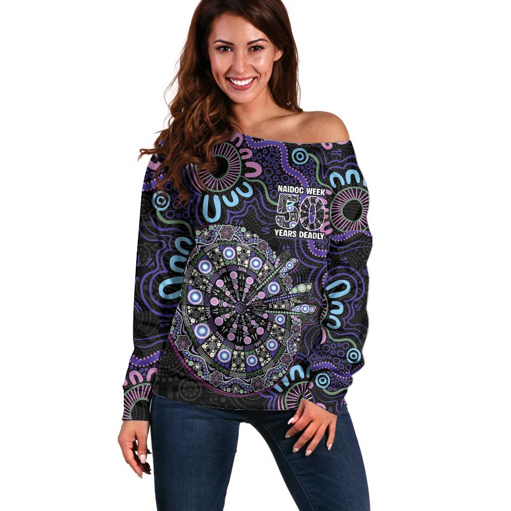 First Nations Darts NAIDOC 2026 Off Shoulder Sweater Aboriginal Dot Art
