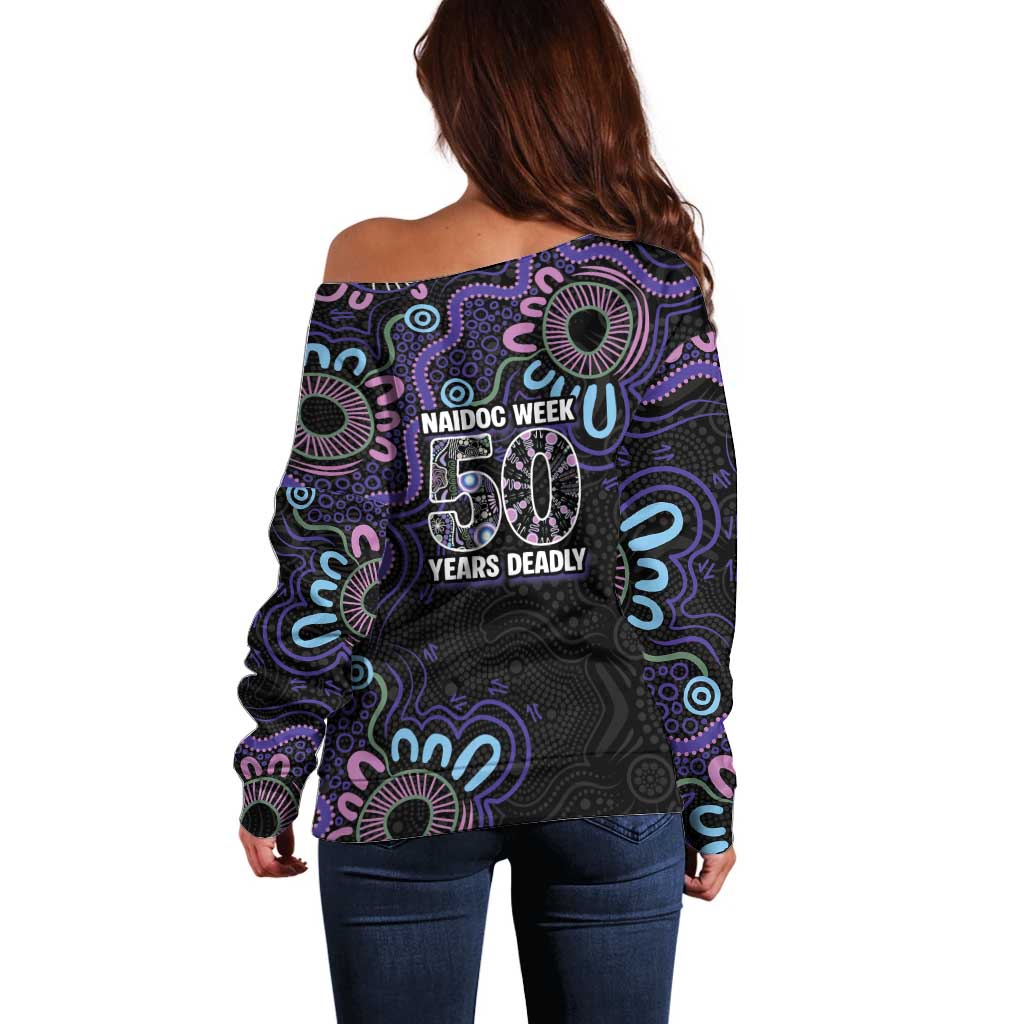 First Nations Darts NAIDOC 2026 Off Shoulder Sweater Aboriginal Dot Art