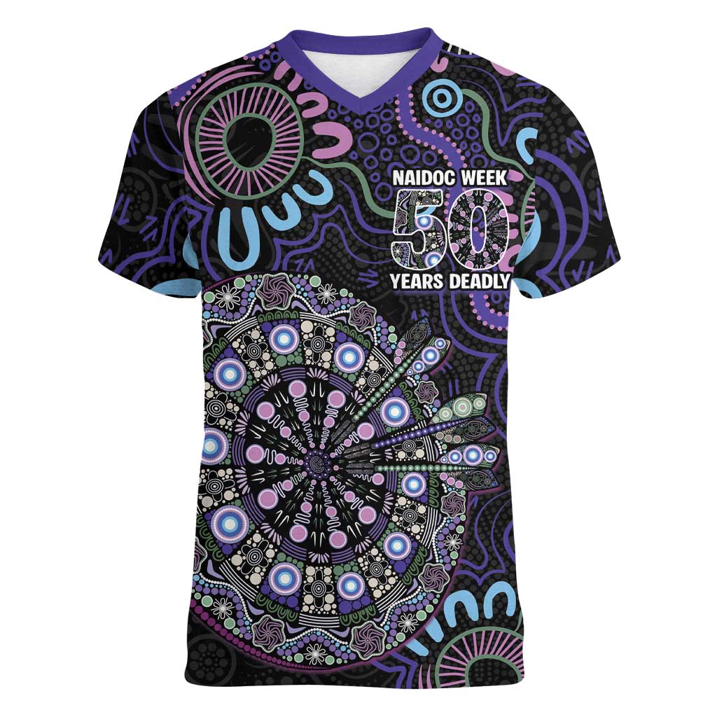First Nations Darts NAIDOC 2026 Women V-Neck T-Shirt Aboriginal Dot Art