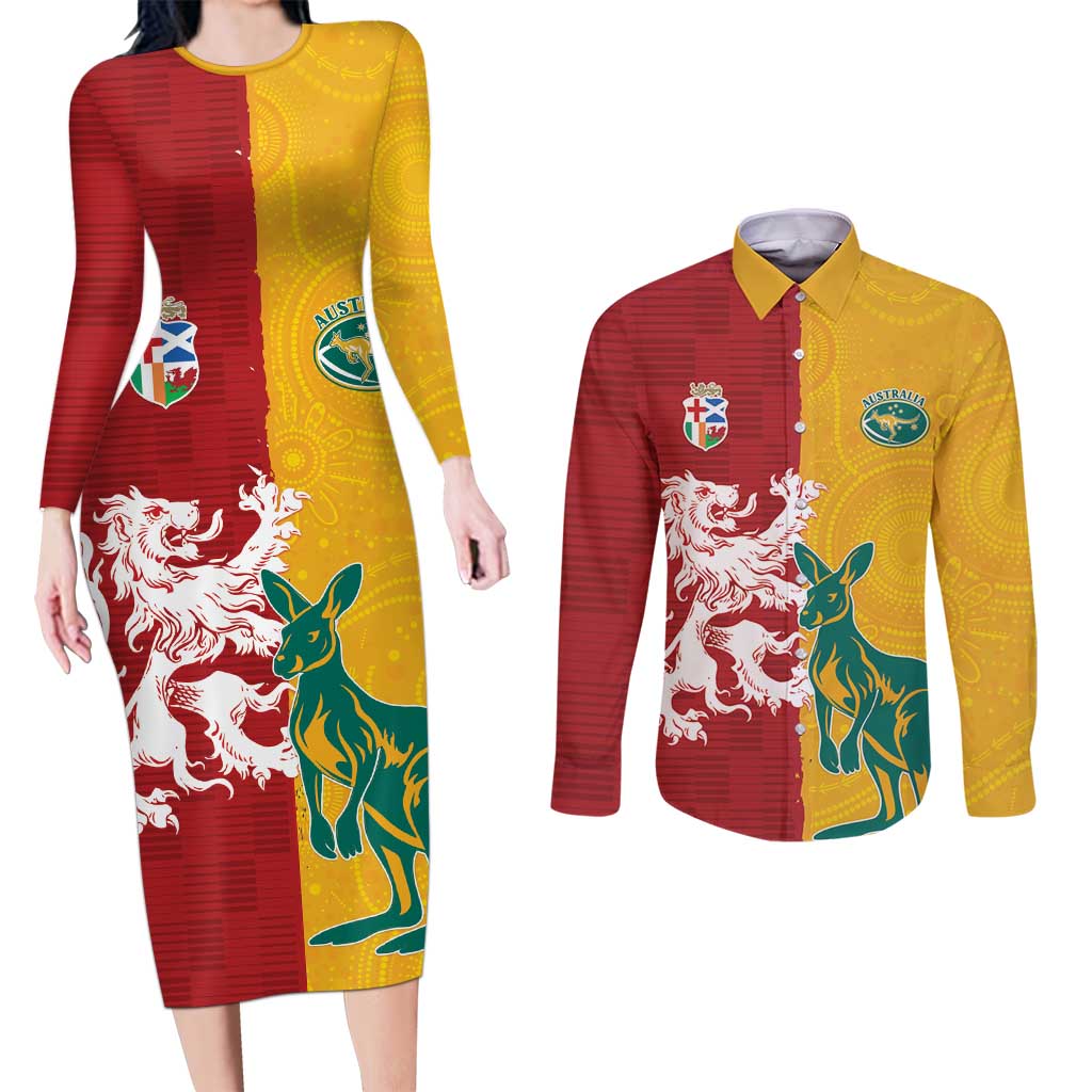 Custom British Lions Australia Couples Matching Long Sleeve Bodycon Dress and Long Sleeve Button Shirt Unique Style - Aussie Hoodie