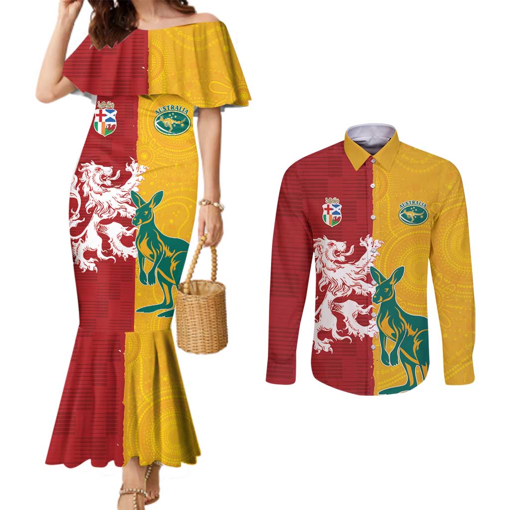 Custom British Lions Australia Couples Matching Mermaid Dress and Long Sleeve Button Shirt Unique Style - Aussie Hoodie