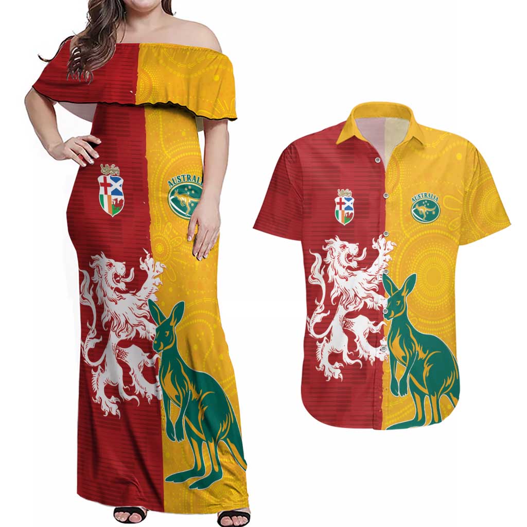 Custom British Lions Australia Couples Matching Off Shoulder Maxi Dress and Hawaiian Shirt Unique Style - Aussie Hoodie