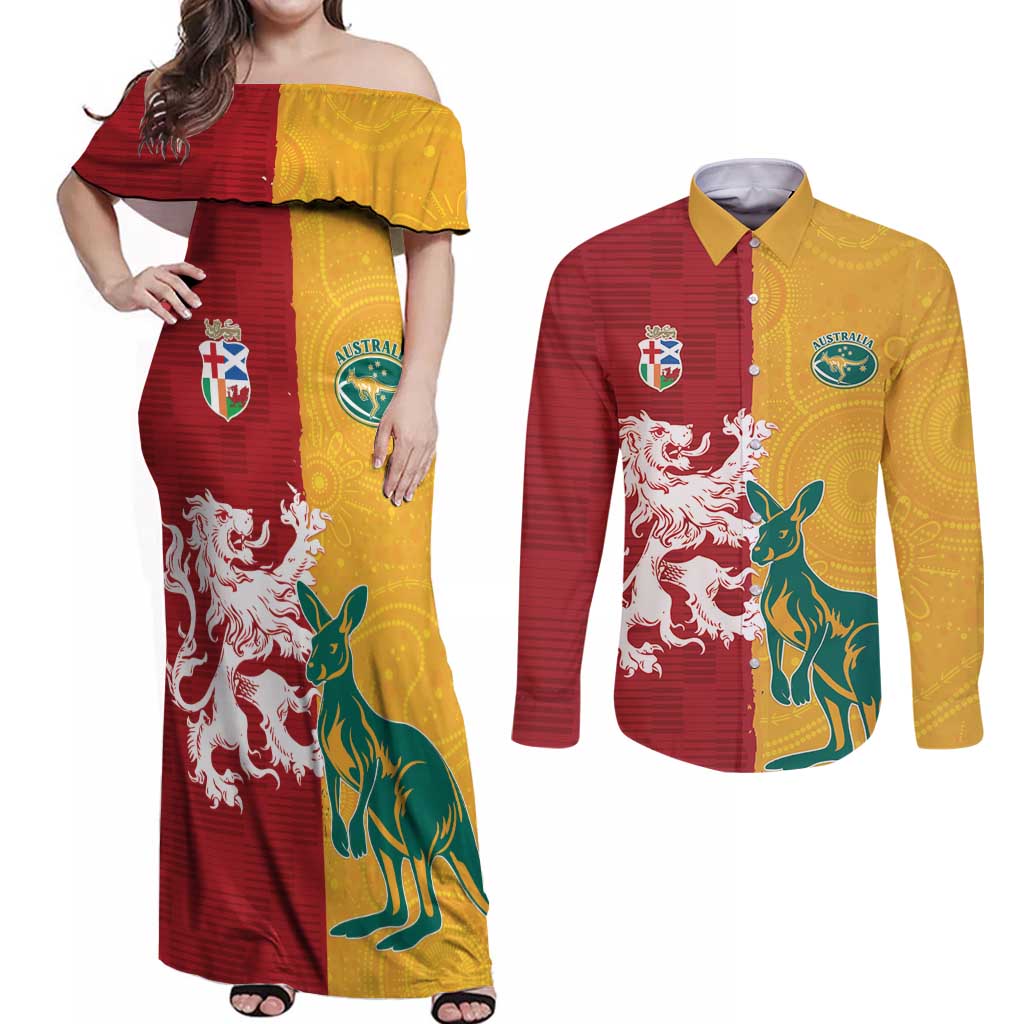 Custom British Lions Australia Couples Matching Off Shoulder Maxi Dress and Long Sleeve Button Shirt Unique Style - Aussie Hoodie