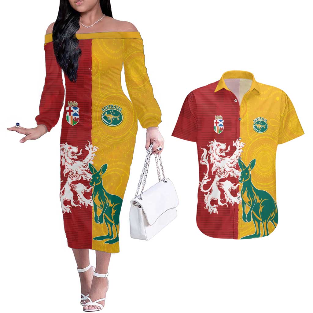 Custom British Lions Australia Couples Matching Off The Shoulder Long Sleeve Dress and Hawaiian Shirt Unique Style - Aussie Hoodie