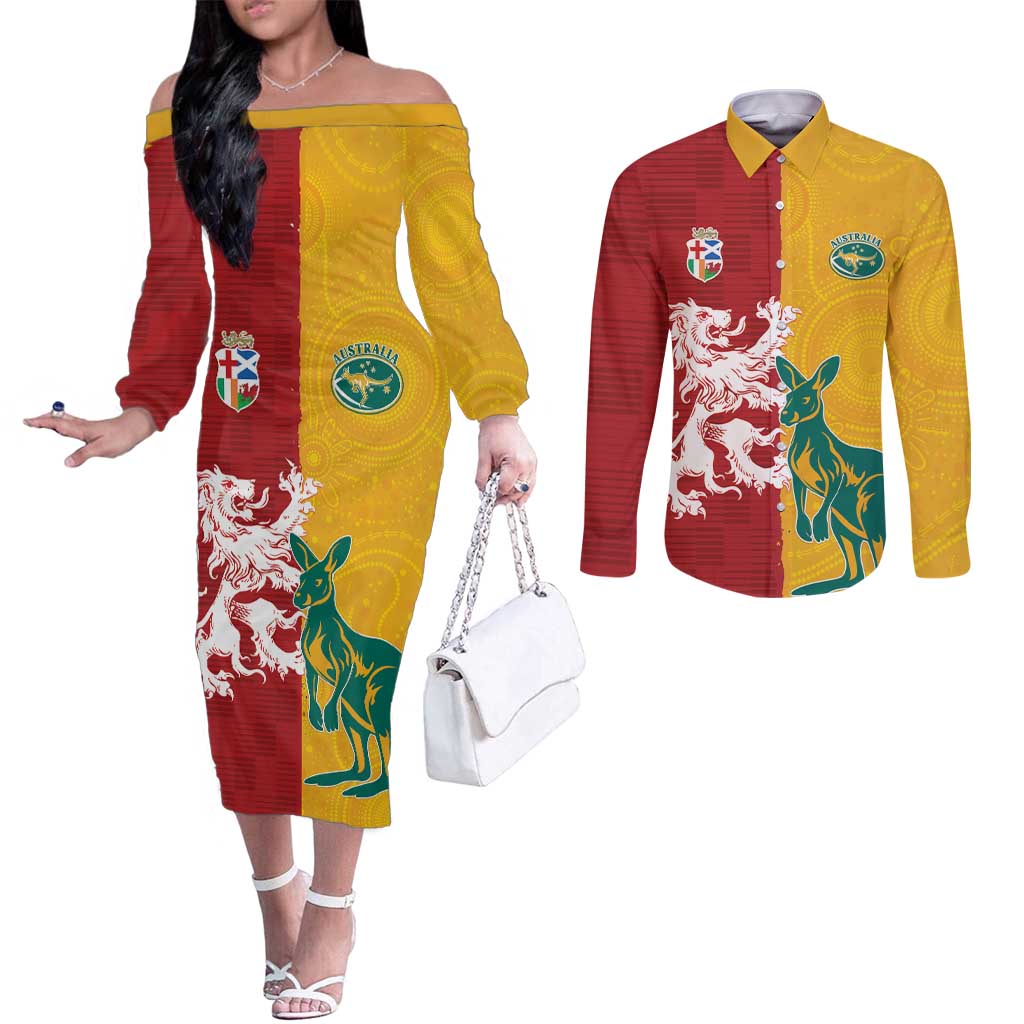 Custom British Lions Australia Couples Matching Off The Shoulder Long Sleeve Dress and Long Sleeve Button Shirt Unique Style - Aussie Hoodie