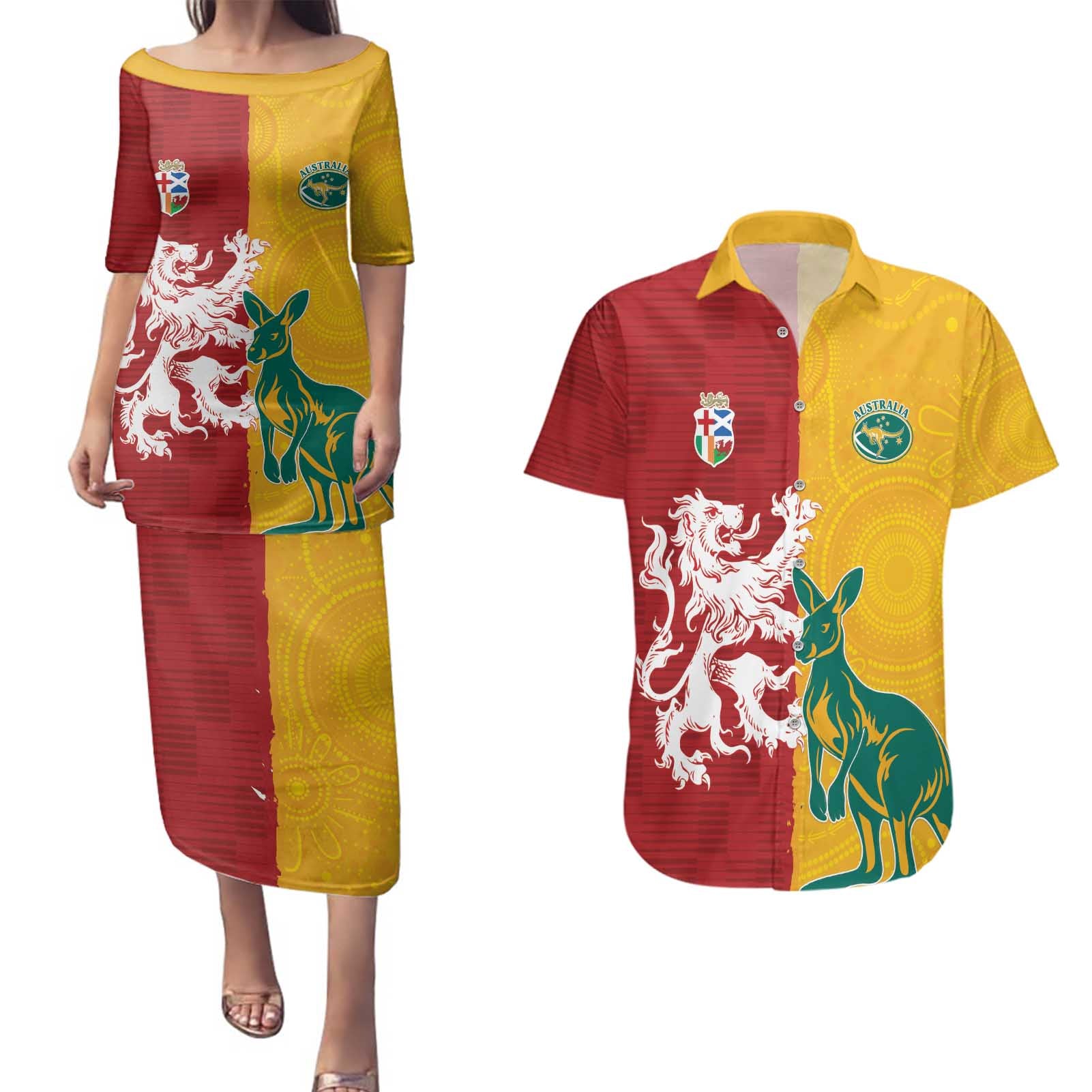 Custom British Lions Australia Couples Matching Puletasi and Hawaiian Shirt Unique Style - Aussie Hoodie