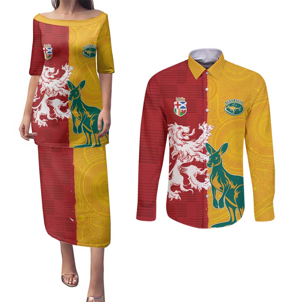 Custom British Lions Australia Couples Matching Puletasi and Long Sleeve Button Shirt Unique Style - Aussie Hoodie