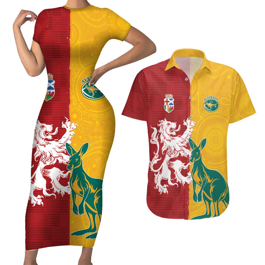 Custom British Lions Australia Couples Matching Short Sleeve Bodycon Dress and Hawaiian Shirt Unique Style - Aussie Hoodie