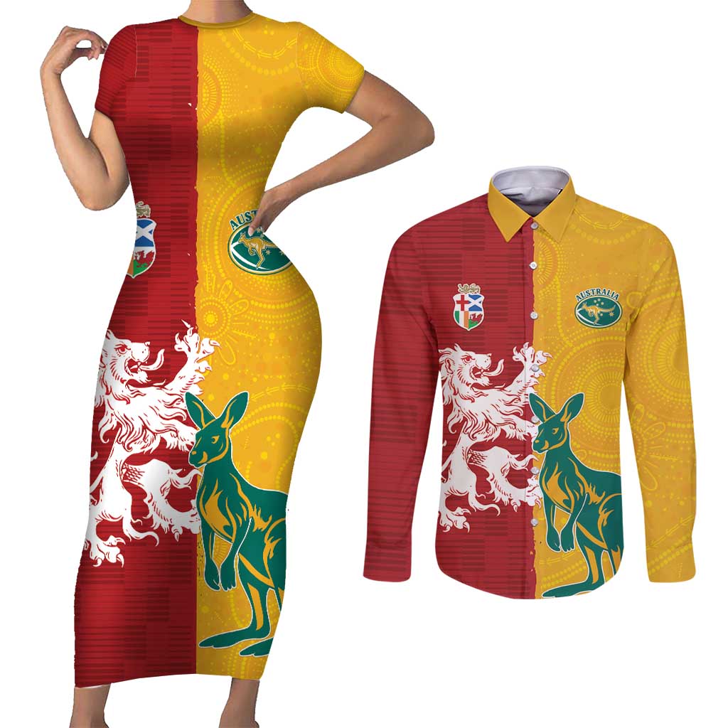 Custom British Lions Australia Couples Matching Short Sleeve Bodycon Dress and Long Sleeve Button Shirt Unique Style - Aussie Hoodie