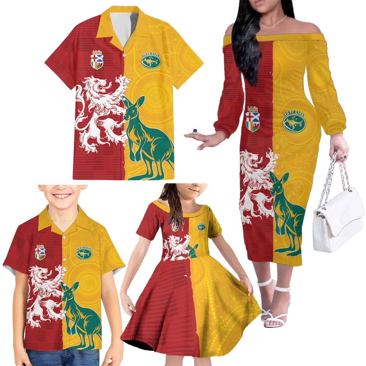Custom British Lions Australia Family Matching Off The Shoulder Long Sleeve Dress and Hawaiian Shirt Unique Style - Aussie Hoodie