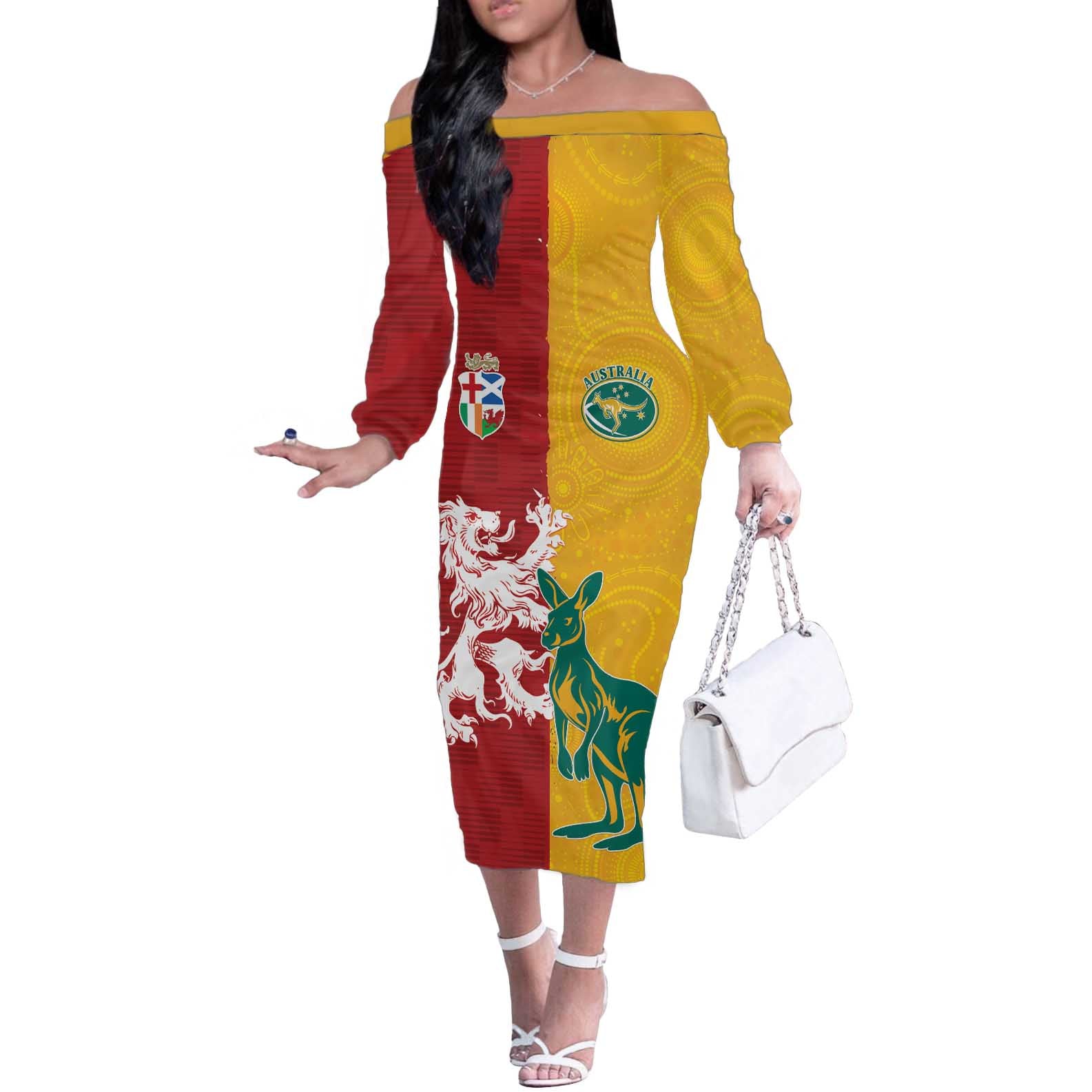 Custom British Lions Australia Off The Shoulder Long Sleeve Dress Unique Style - Aussie Hoodie