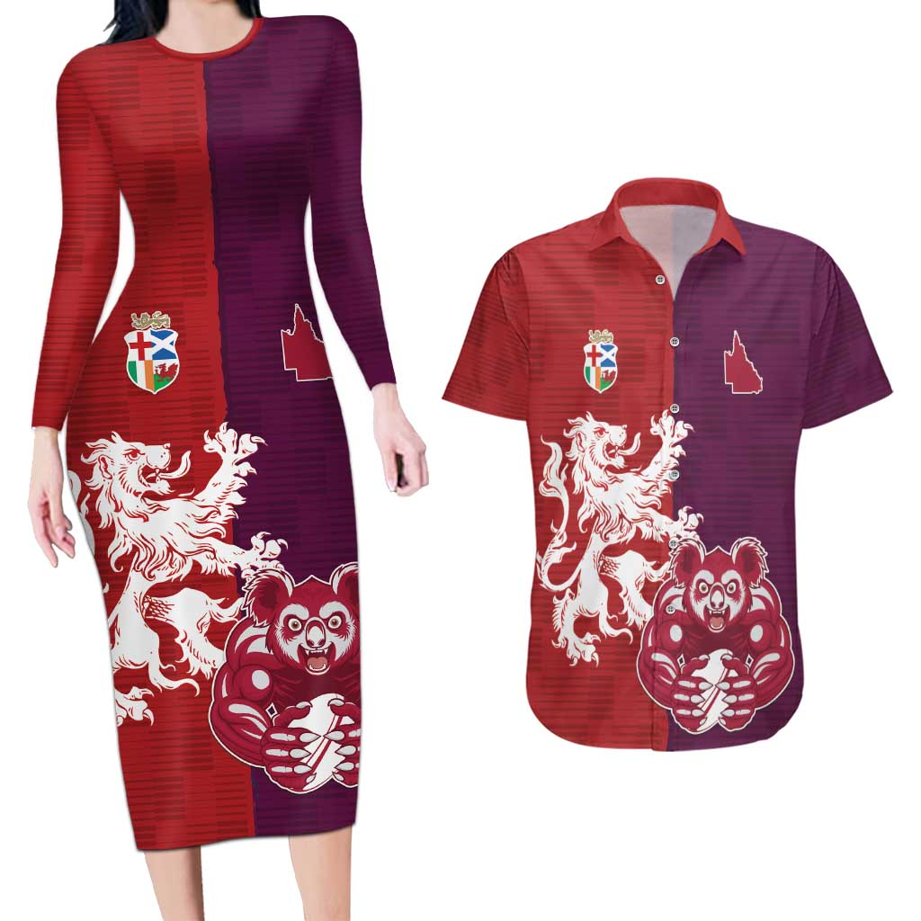 Custom British Lions Brumbies Couples Matching Long Sleeve Bodycon Dress and Hawaiian Shirt Unique Style - Aussie Hoodie