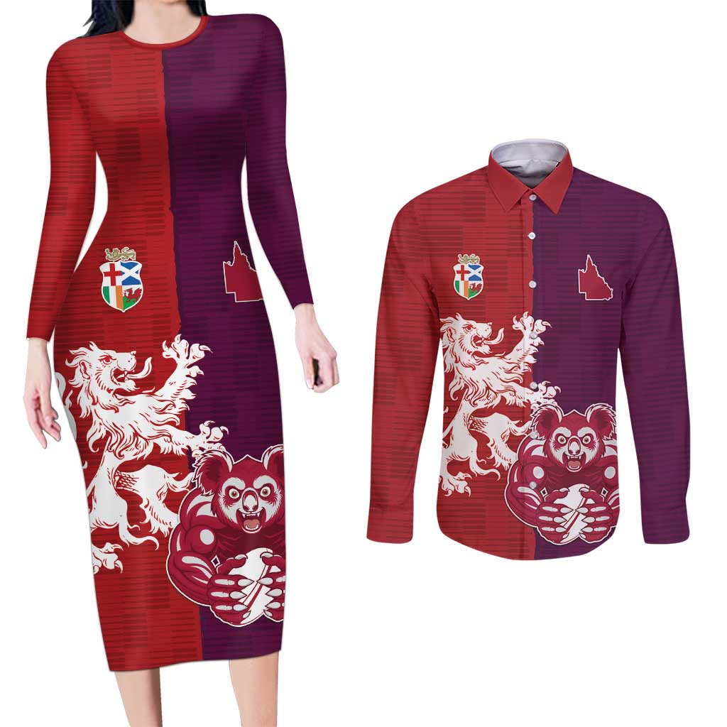 Custom British Lions Brumbies Couples Matching Long Sleeve Bodycon Dress and Long Sleeve Button Shirt Unique Style - Aussie Hoodie