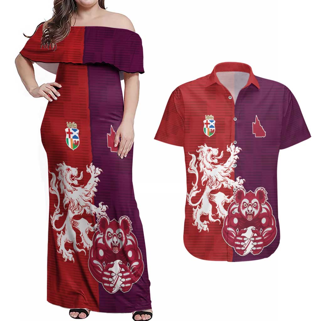 Custom British Lions Brumbies Couples Matching Off Shoulder Maxi Dress and Hawaiian Shirt Unique Style - Aussie Hoodie