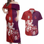 Custom British Lions Brumbies Couples Matching Off Shoulder Maxi Dress and Hawaiian Shirt Unique Style - Aussie Hoodie