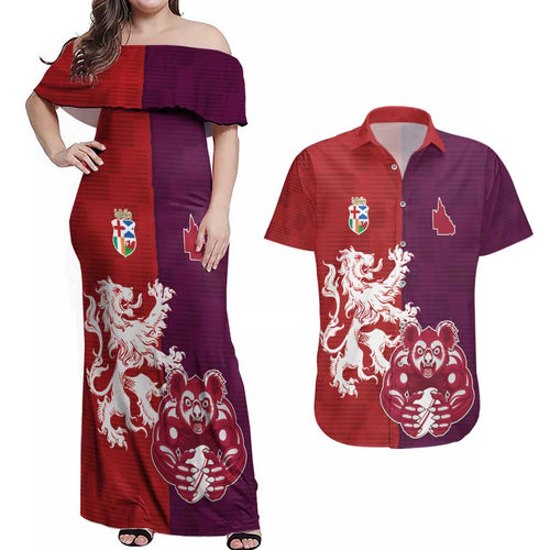 Custom British Lions Brumbies Couples Matching Off Shoulder Maxi Dress and Hawaiian Shirt Unique Style - Aussie Hoodie