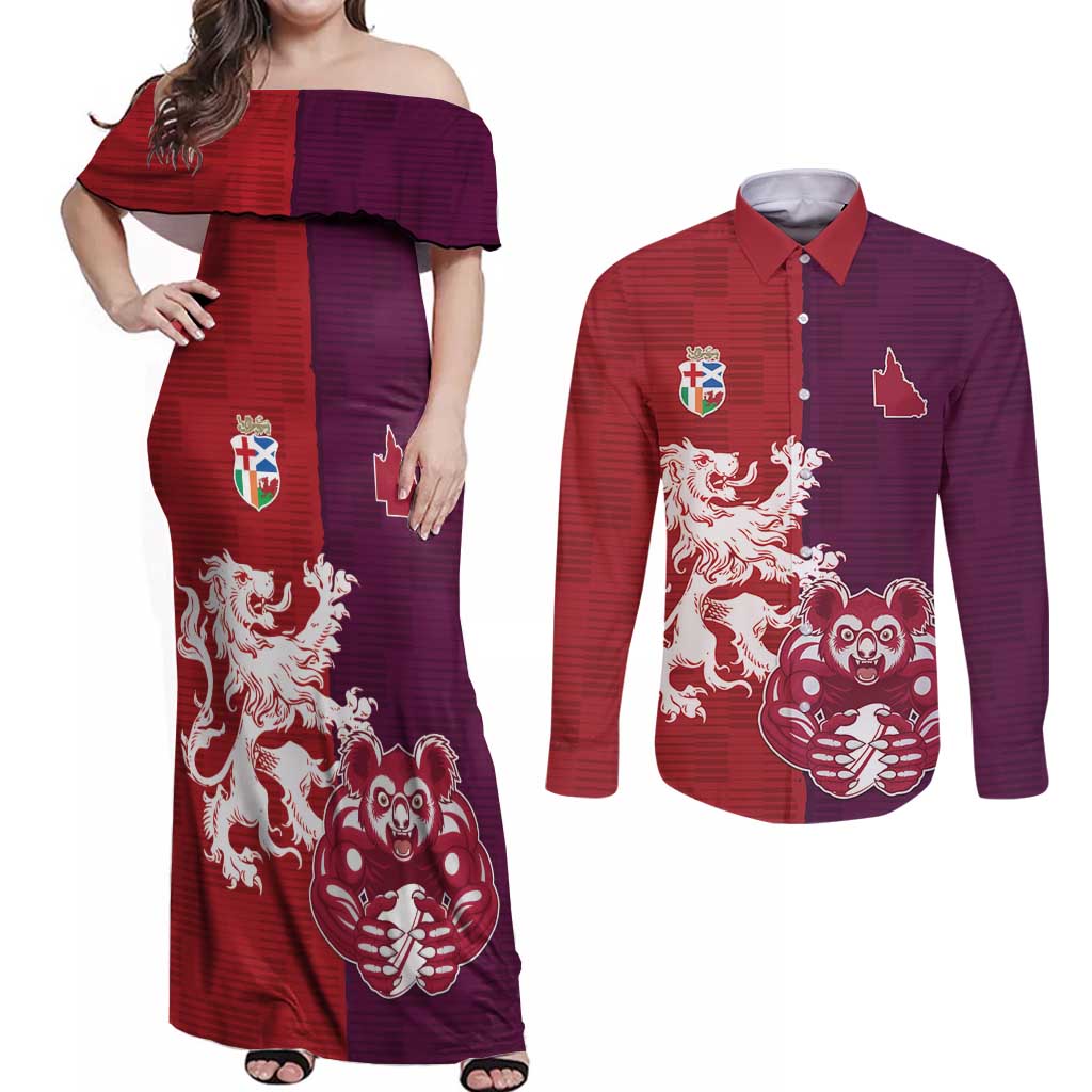 Custom British Lions Brumbies Couples Matching Off Shoulder Maxi Dress and Long Sleeve Button Shirt Unique Style - Aussie Hoodie