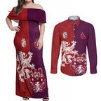 Custom British Lions Brumbies Couples Matching Off Shoulder Maxi Dress and Long Sleeve Button Shirt Unique Style - Aussie Hoodie