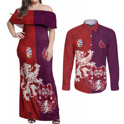 Custom British Lions Brumbies Couples Matching Off Shoulder Maxi Dress and Long Sleeve Button Shirt Unique Style - Aussie Hoodie