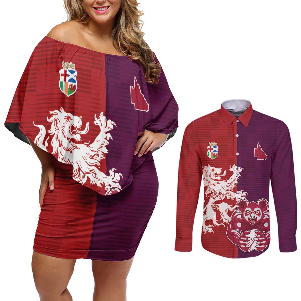Custom British Lions Brumbies Couples Matching Off Shoulder Short Dress and Long Sleeve Button Shirt Unique Style - Aussie Hoodie