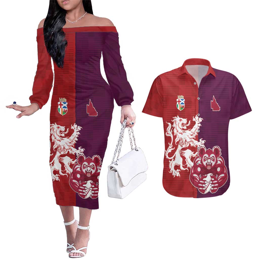 Custom British Lions Brumbies Couples Matching Off The Shoulder Long Sleeve Dress and Hawaiian Shirt Unique Style - Aussie Hoodie