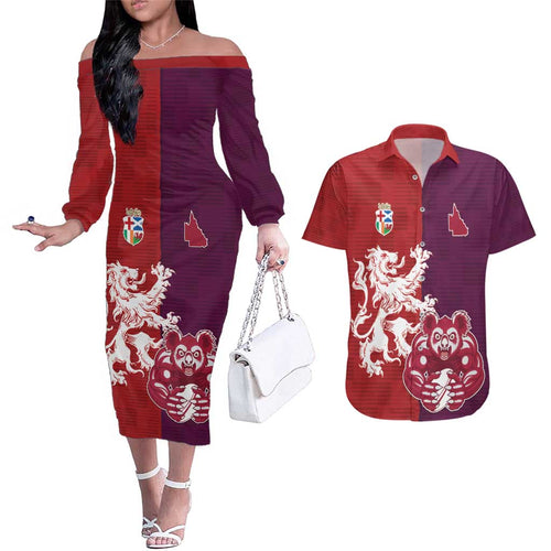 Custom British Lions Brumbies Couples Matching Off The Shoulder Long Sleeve Dress and Hawaiian Shirt Unique Style - Aussie Hoodie