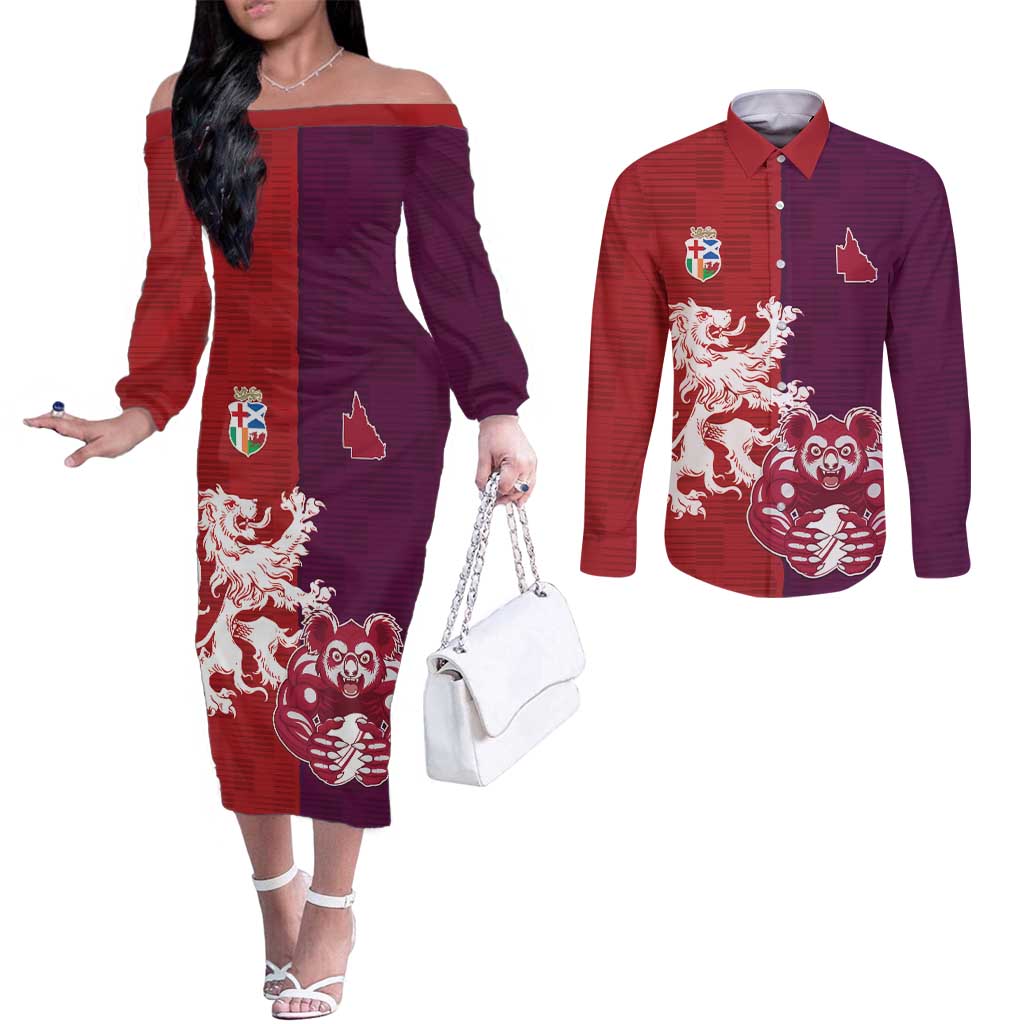 Custom British Lions Brumbies Couples Matching Off The Shoulder Long Sleeve Dress and Long Sleeve Button Shirt Unique Style - Aussie Hoodie