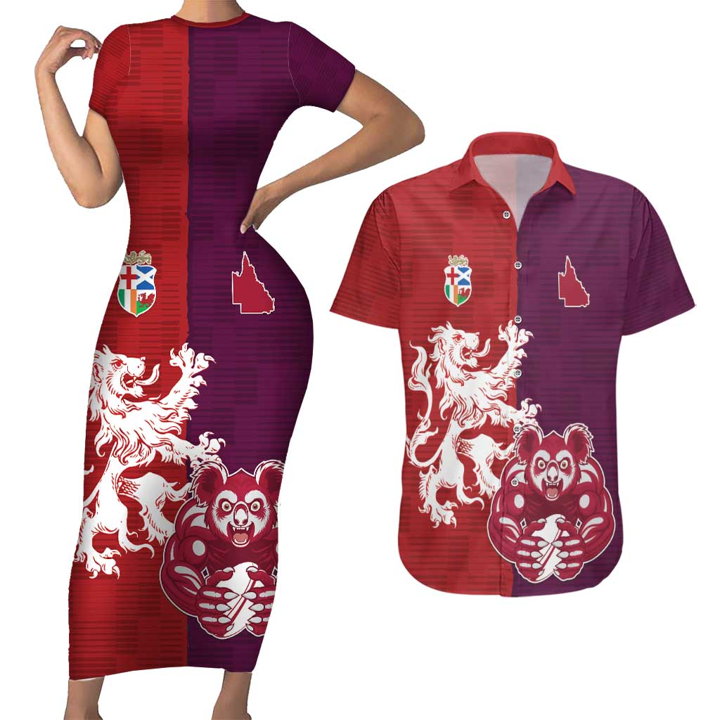 Custom British Lions Brumbies Couples Matching Short Sleeve Bodycon Dress and Hawaiian Shirt Unique Style - Aussie Hoodie