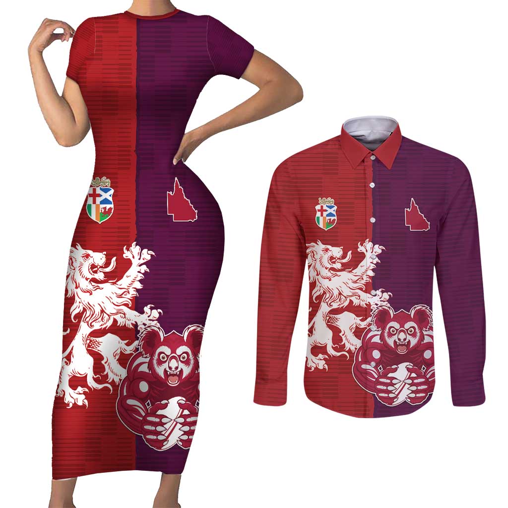 Custom British Lions Brumbies Couples Matching Short Sleeve Bodycon Dress and Long Sleeve Button Shirt Unique Style - Aussie Hoodie