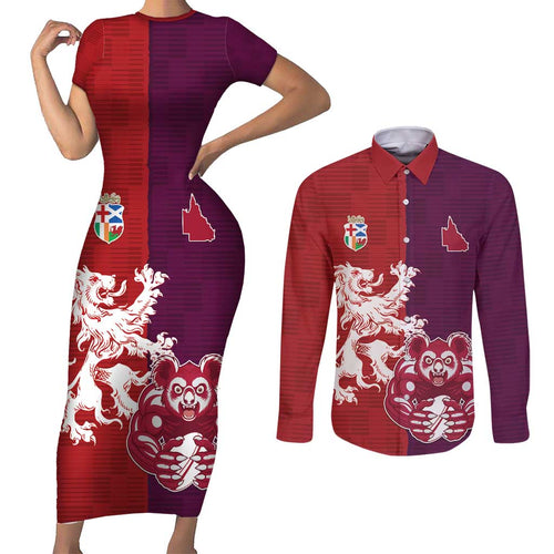 Custom British Lions Brumbies Couples Matching Short Sleeve Bodycon Dress and Long Sleeve Button Shirt Unique Style - Aussie Hoodie