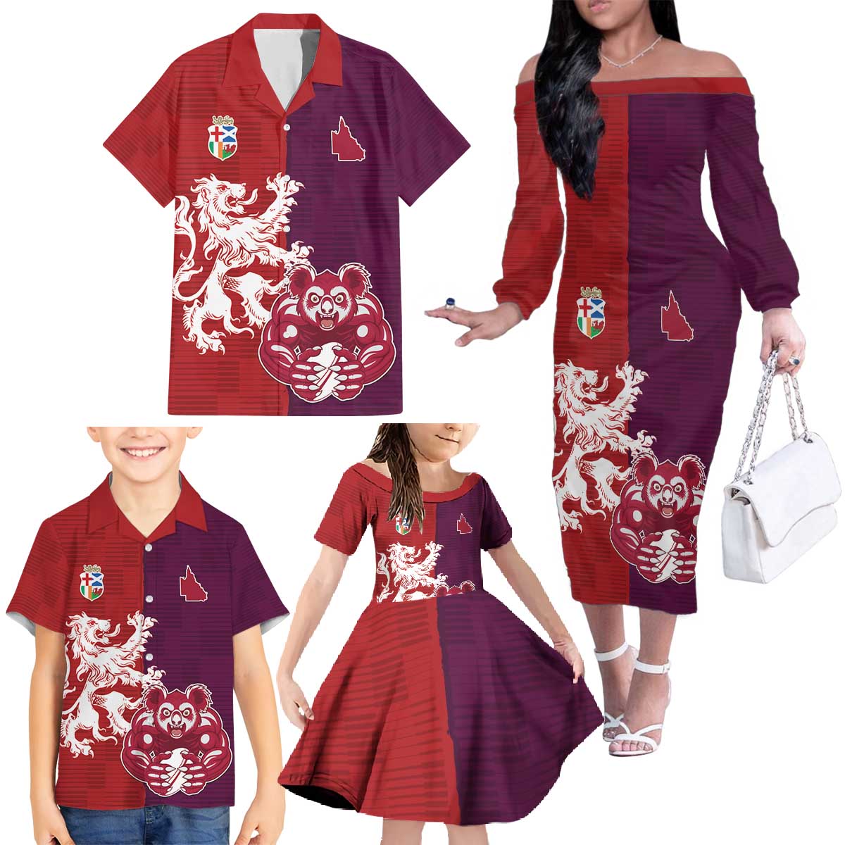 Custom British Lions Brumbies Family Matching Off The Shoulder Long Sleeve Dress and Hawaiian Shirt Unique Style - Aussie Hoodie