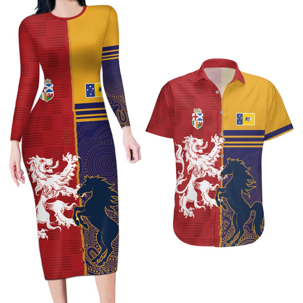 Custom British Lions Queensland Couples Matching Long Sleeve Bodycon Dress and Hawaiian Shirt Unique Style - Aussie Hoodie