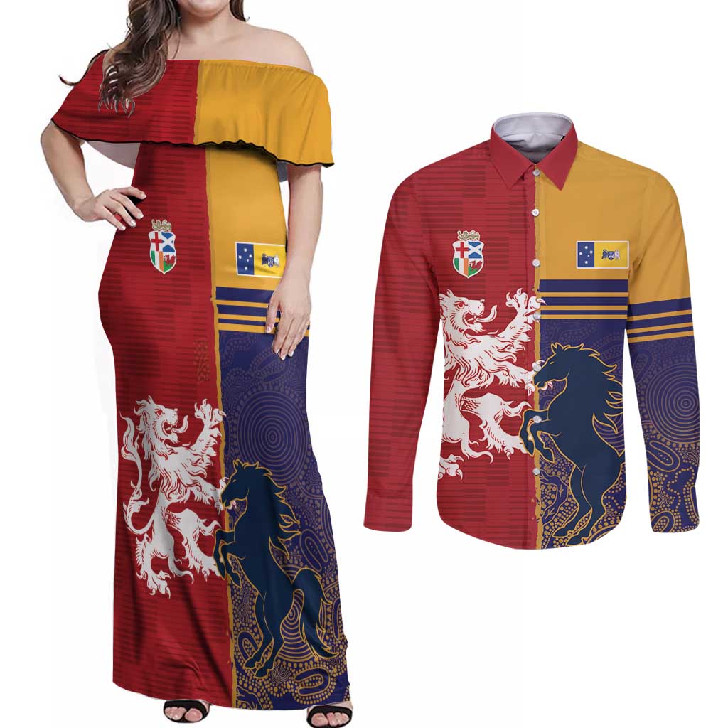 Custom British Lions Queensland Couples Matching Off Shoulder Maxi Dress and Long Sleeve Button Shirt Unique Style - Aussie Hoodie