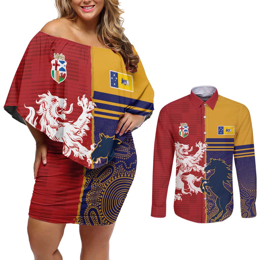 Custom British Lions Queensland Couples Matching Off Shoulder Short Dress and Long Sleeve Button Shirt Unique Style - Aussie Hoodie