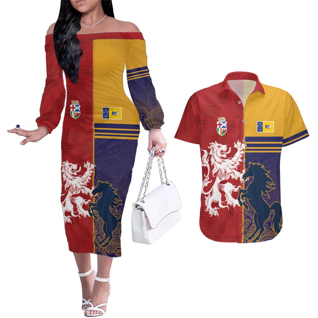 Custom British Lions Queensland Couples Matching Off The Shoulder Long Sleeve Dress and Hawaiian Shirt Unique Style - Aussie Hoodie