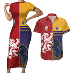 Custom British Lions Queensland Couples Matching Short Sleeve Bodycon Dress and Hawaiian Shirt Unique Style - Aussie Hoodie