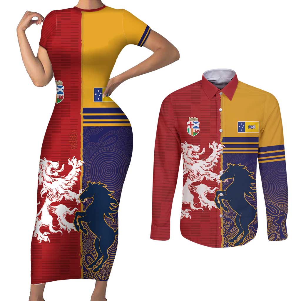 Custom British Lions Queensland Couples Matching Short Sleeve Bodycon Dress and Long Sleeve Button Shirt Unique Style - Aussie Hoodie