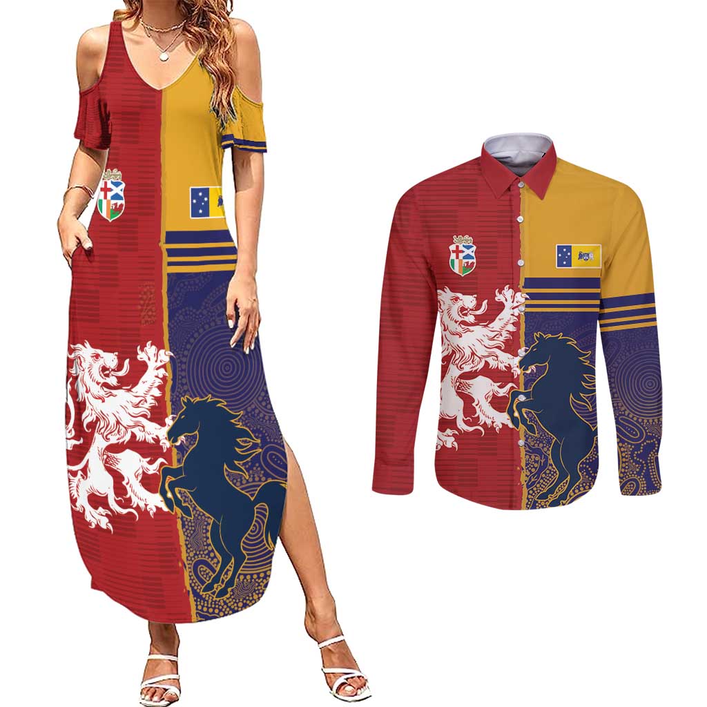 Custom British Lions Queensland Couples Matching Summer Maxi Dress and Long Sleeve Button Shirt Unique Style - Aussie Hoodie