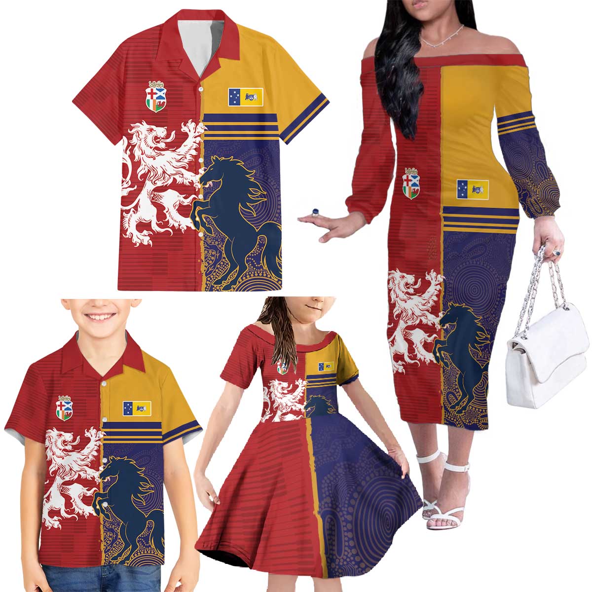 Custom British Lions Queensland Family Matching Off The Shoulder Long Sleeve Dress and Hawaiian Shirt Unique Style - Aussie Hoodie