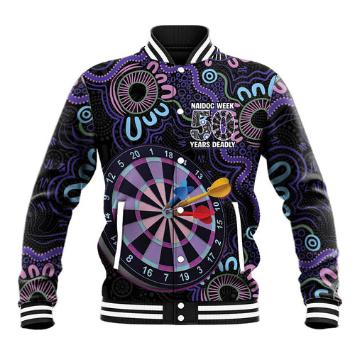 First Nations Darts NAIDOC 2026 Baseball Jacket Aboriginal Dot Art Dartboard Purple