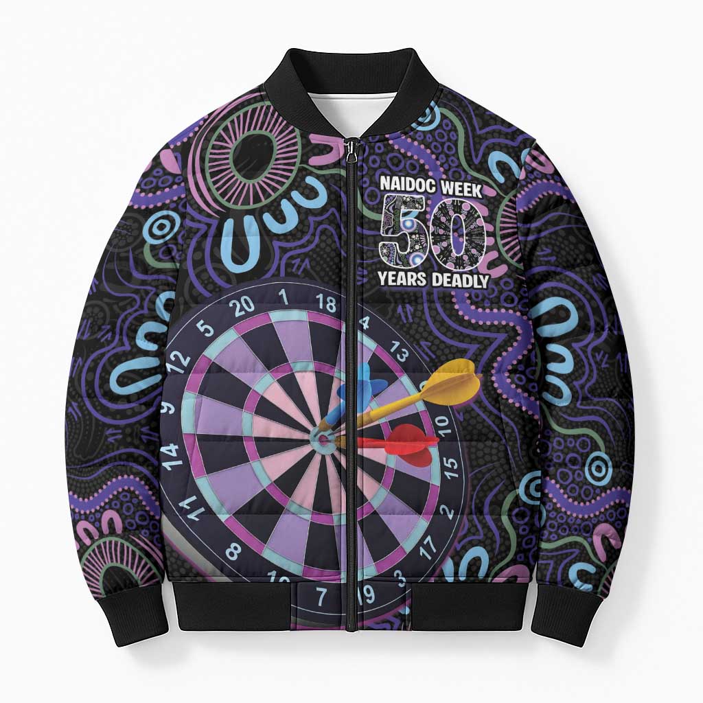 First Nations Darts NAIDOC 2026 Bomber Puffer Jacket Aboriginal Dot Art Dartboard Purple