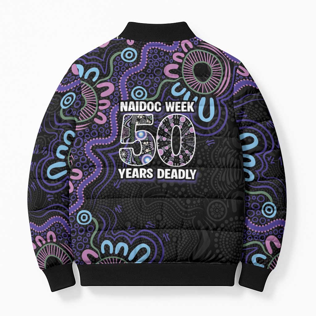 First Nations Darts NAIDOC 2026 Bomber Puffer Jacket Aboriginal Dot Art Dartboard Purple