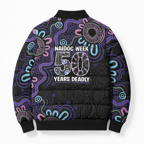 First Nations Darts NAIDOC 2026 Bomber Puffer Jacket Aboriginal Dot Art Dartboard Purple