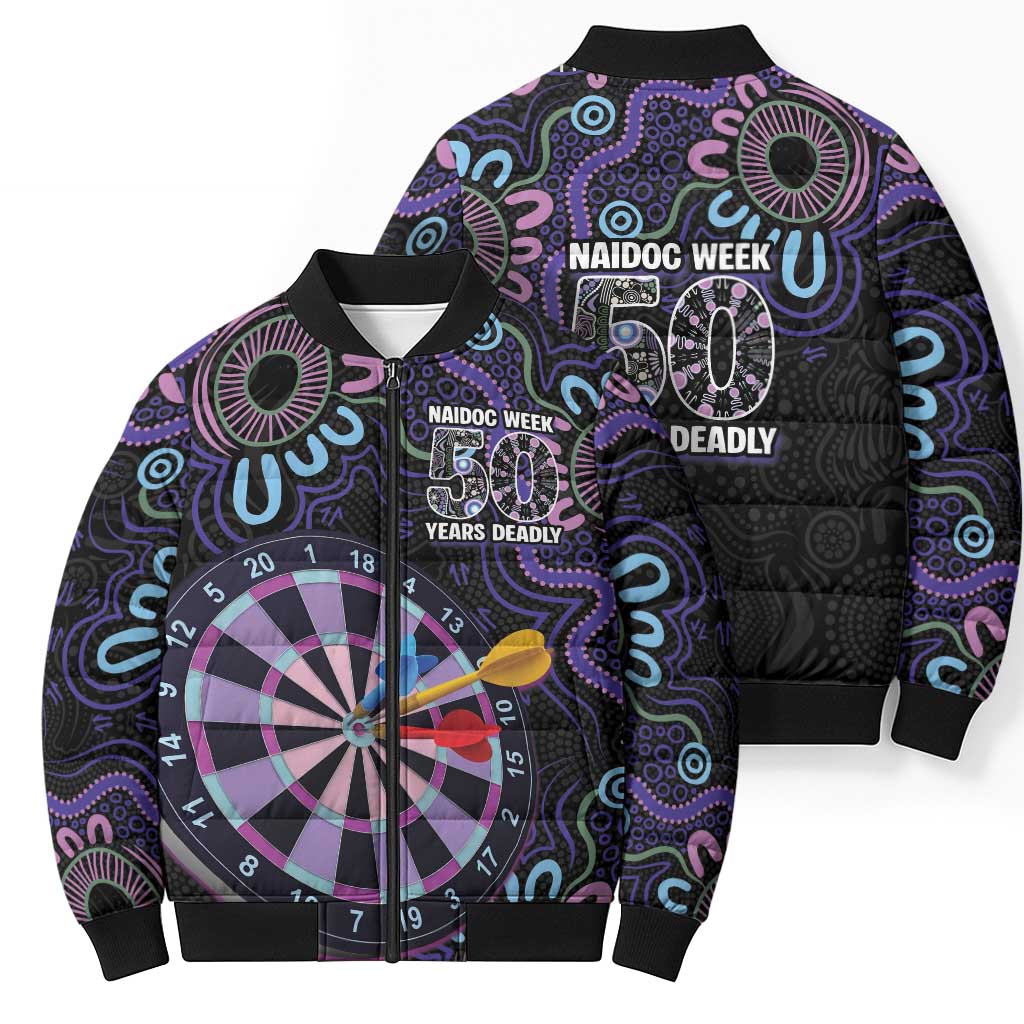 First Nations Darts NAIDOC 2026 Bomber Puffer Jacket Aboriginal Dot Art Dartboard Purple