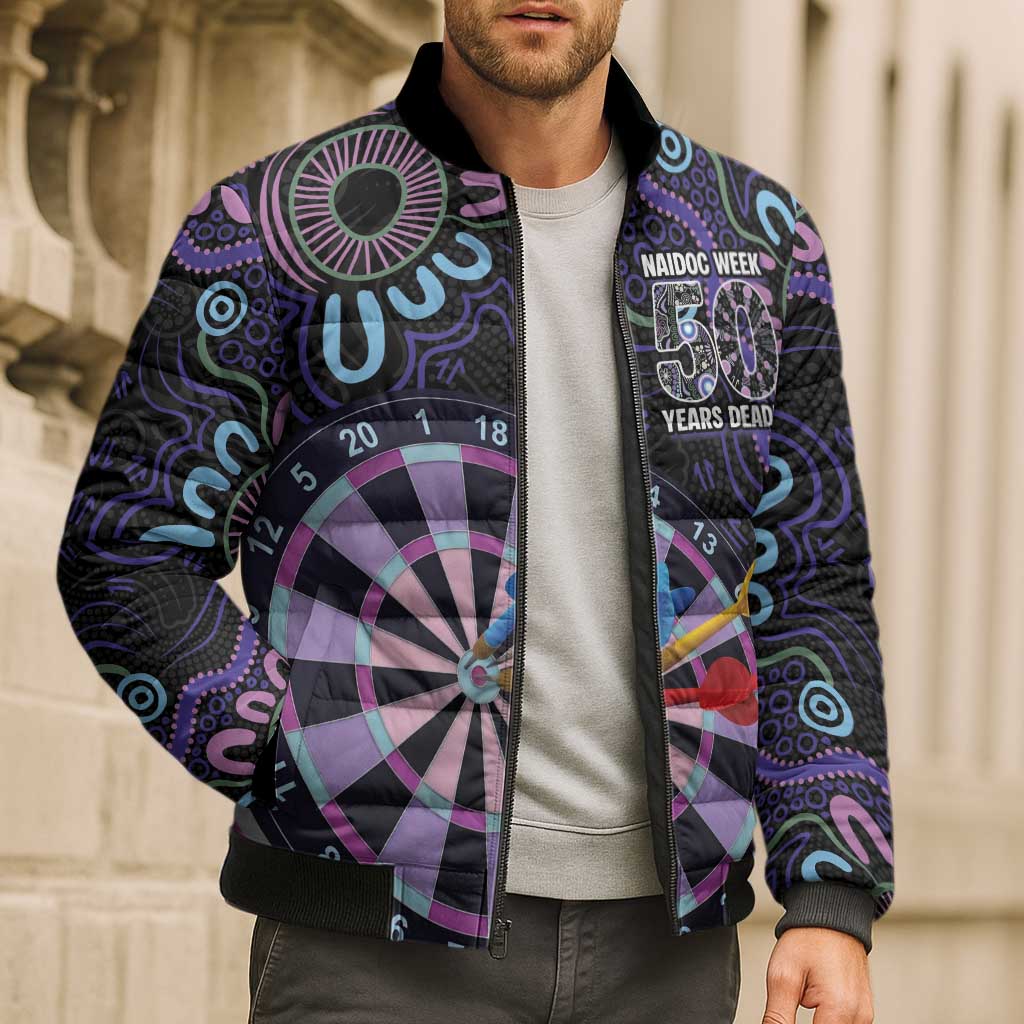 First Nations Darts NAIDOC 2026 Bomber Puffer Jacket Aboriginal Dot Art Dartboard Purple