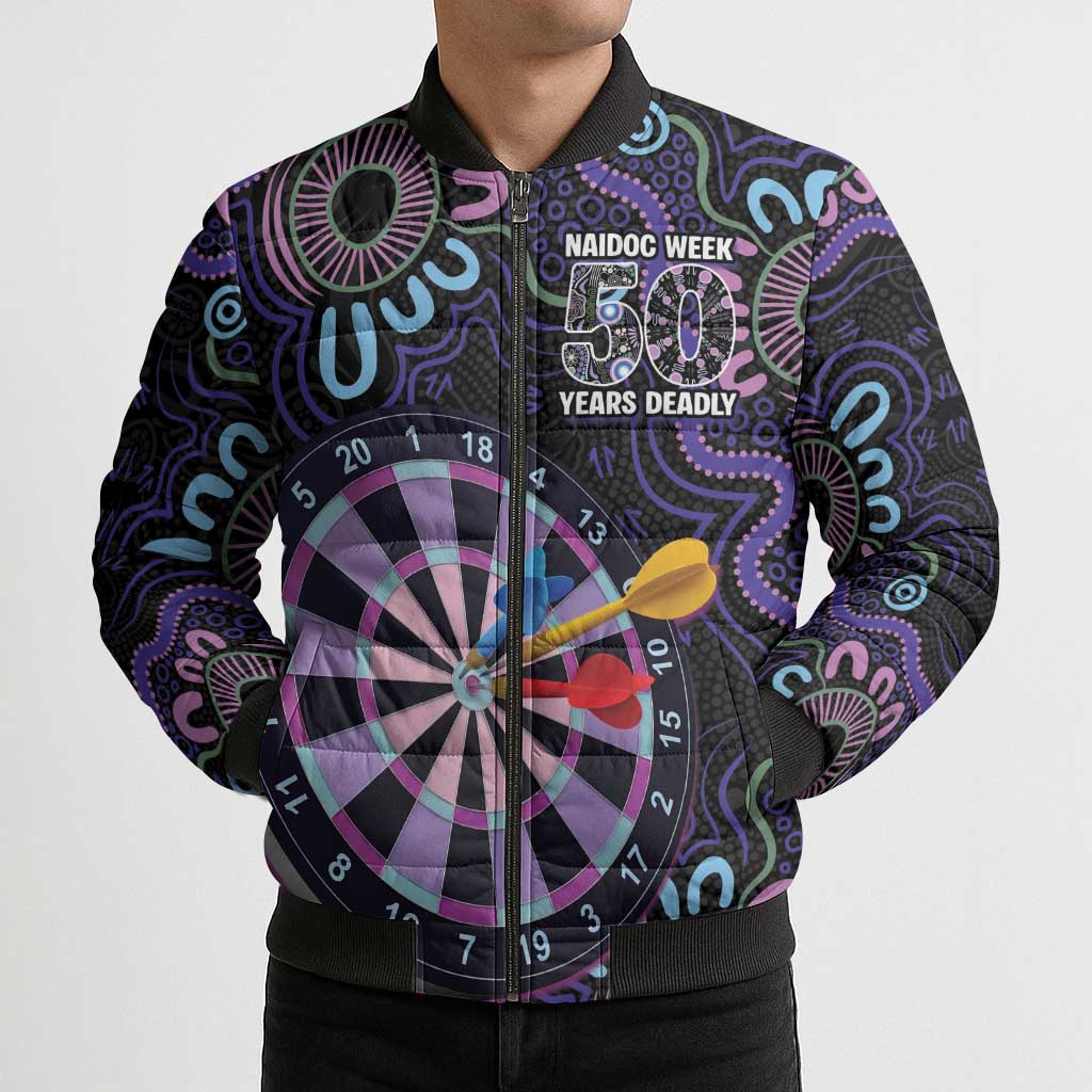 First Nations Darts NAIDOC 2026 Bomber Puffer Jacket Aboriginal Dot Art Dartboard Purple