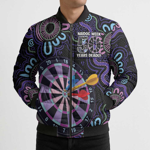First Nations Darts NAIDOC 2026 Bomber Puffer Jacket Aboriginal Dot Art Dartboard Purple