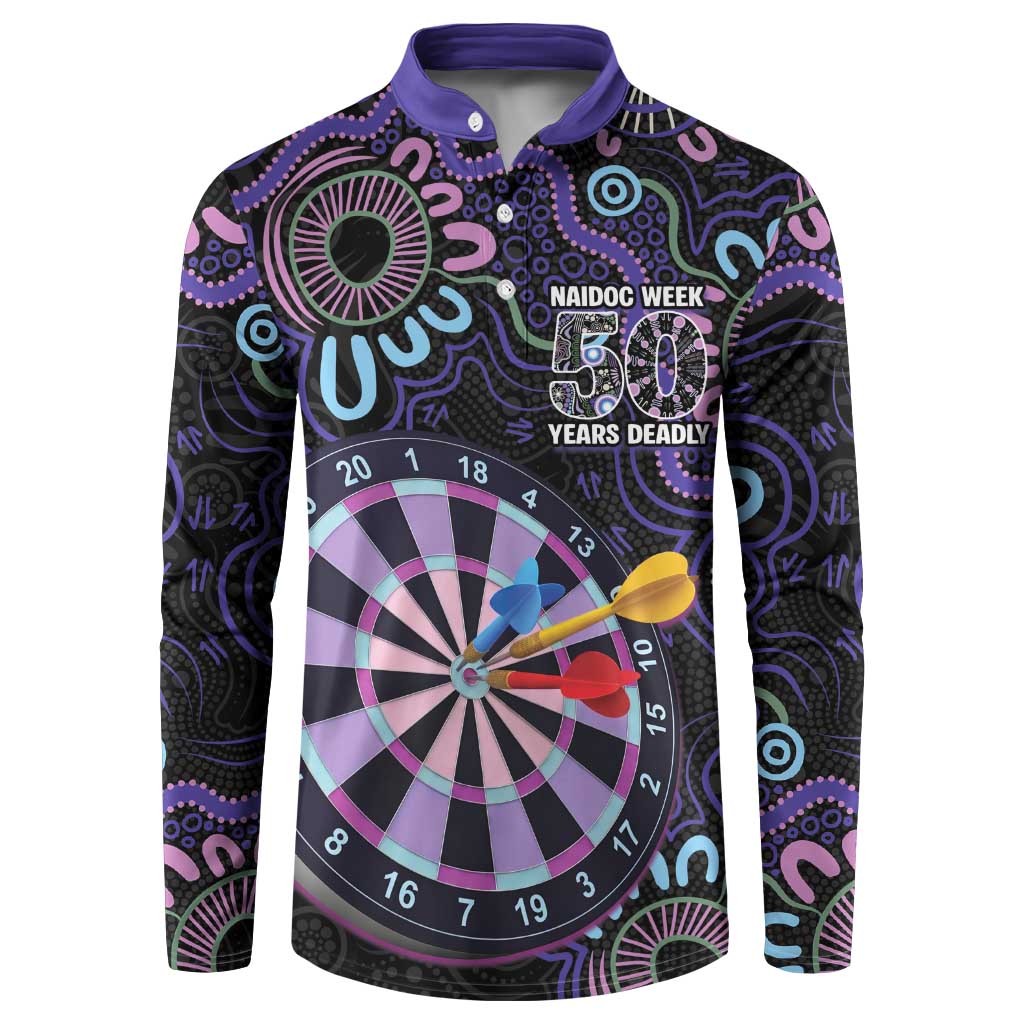 First Nations Darts NAIDOC 2026 Button Sweatshirt Aboriginal Dot Art Dartboard Purple
